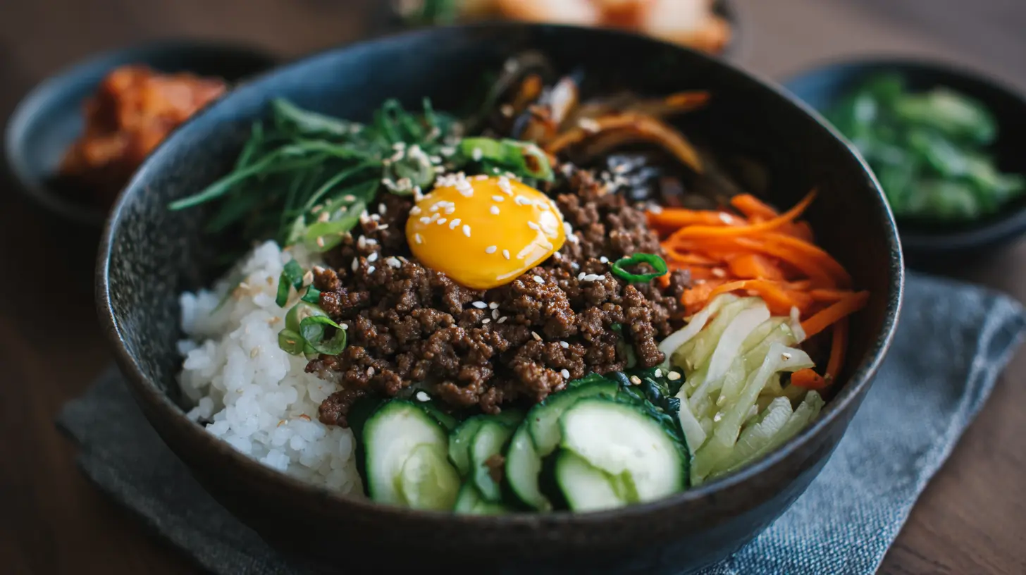 A vibrant Korean ground beef bowl topped with green onions and sesame seeds, ready to eat.