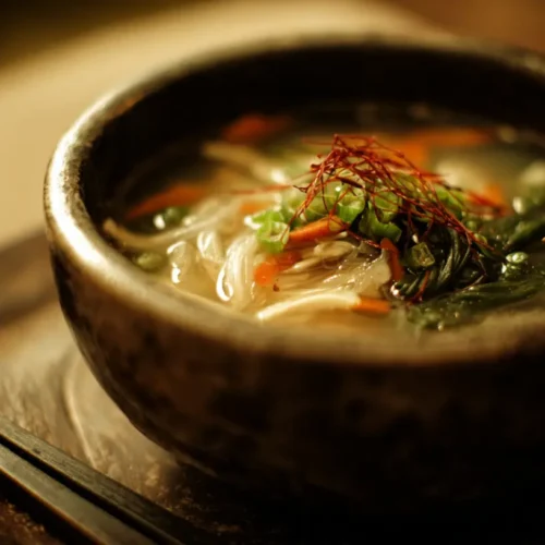 Steaming bowl of traditional Korean winter soup