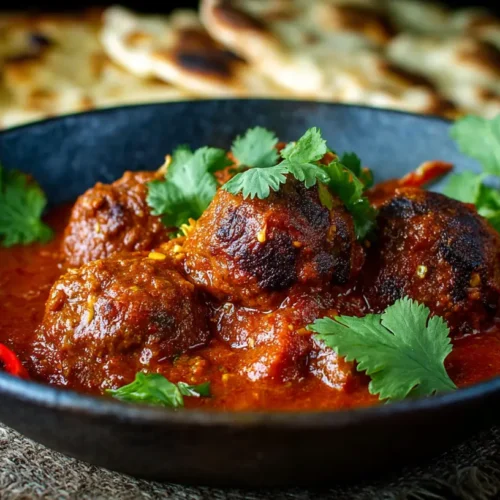 A rich and savory Lamb Kofta Curry with green herbs, served in a bowl.