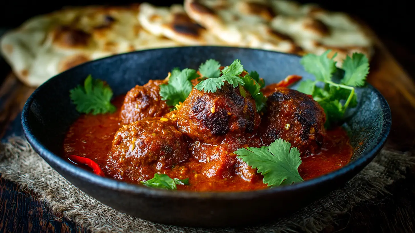 A rich and savory Lamb Kofta Curry with green herbs, served in a bowl.