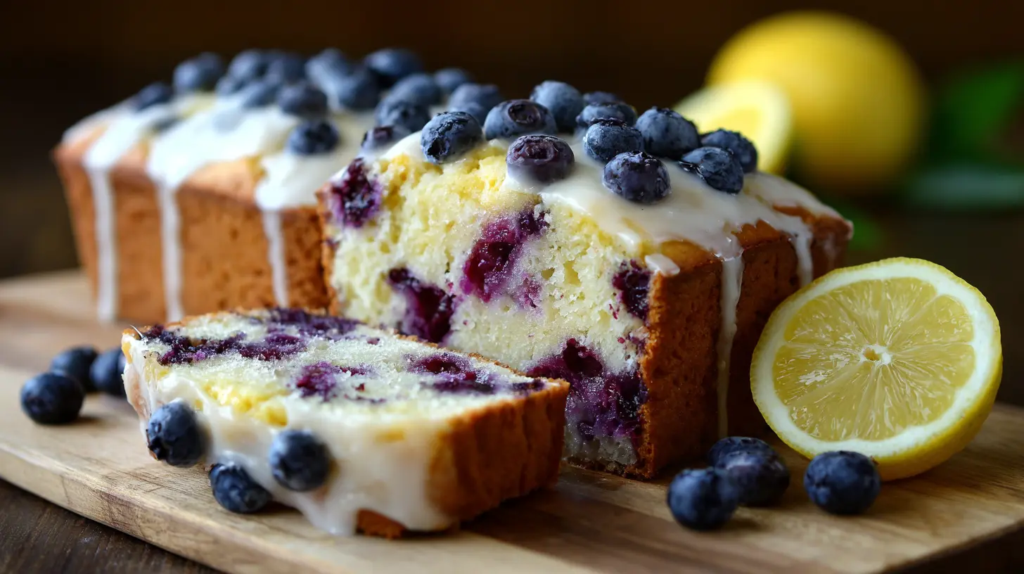 A freshly baked loaf of lemon blueberry bread with a dusting of powdered sugar