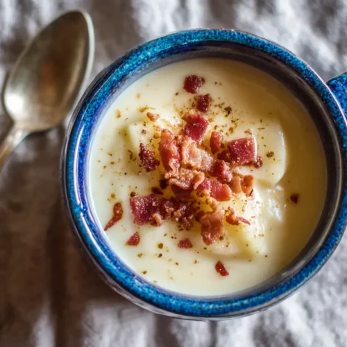 A steaming bowl of loaded potato soup topped with cheese and chives.
