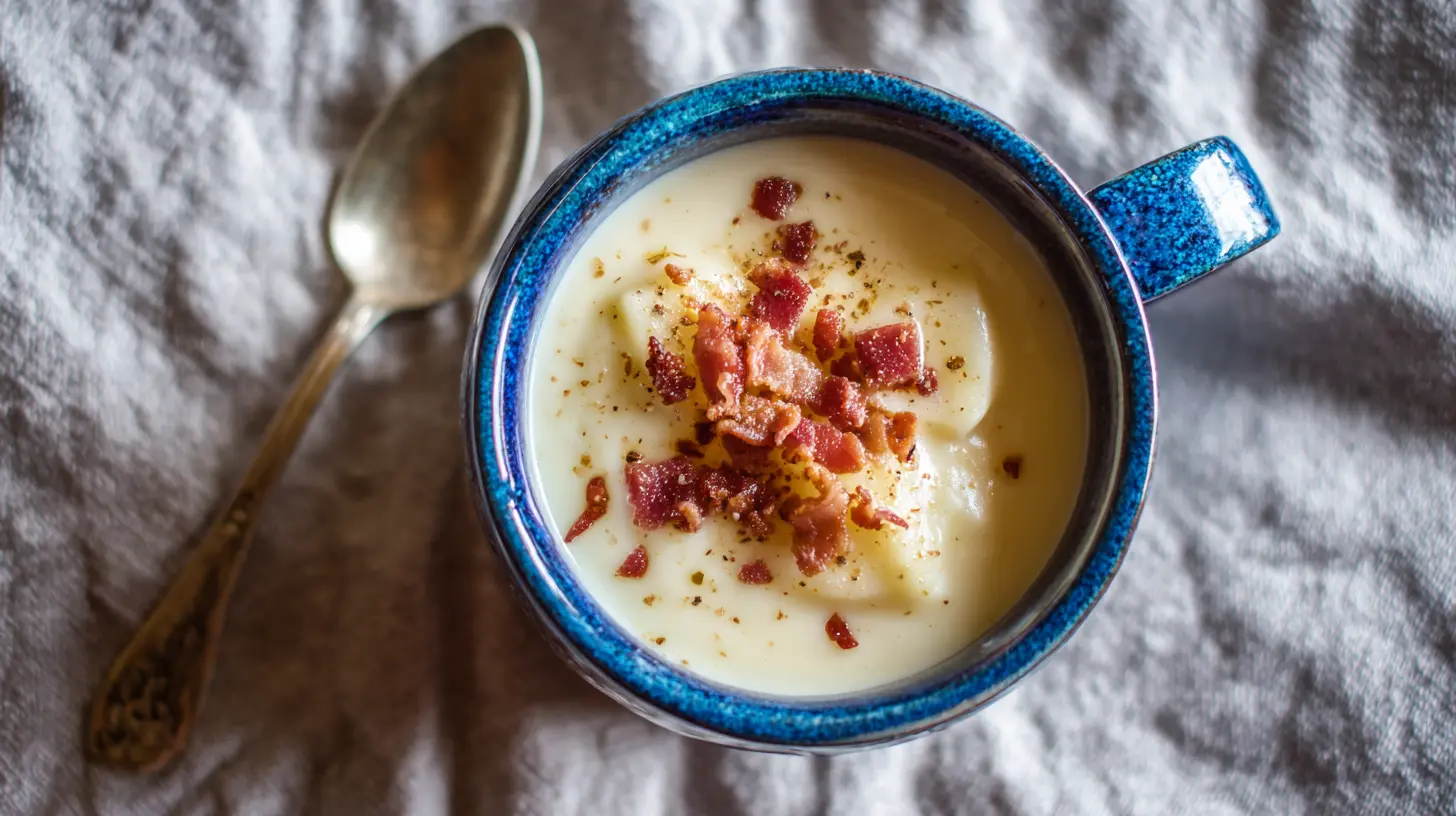A steaming bowl of loaded potato soup topped with cheese and chives.
