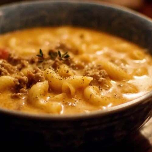 A steaming bowl of macaroni cheeseburger soup loaded with ingredients