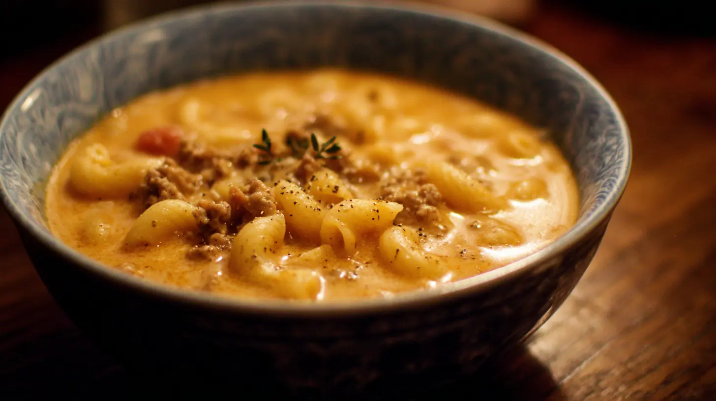 A steaming bowl of macaroni cheeseburger soup loaded with ingredients