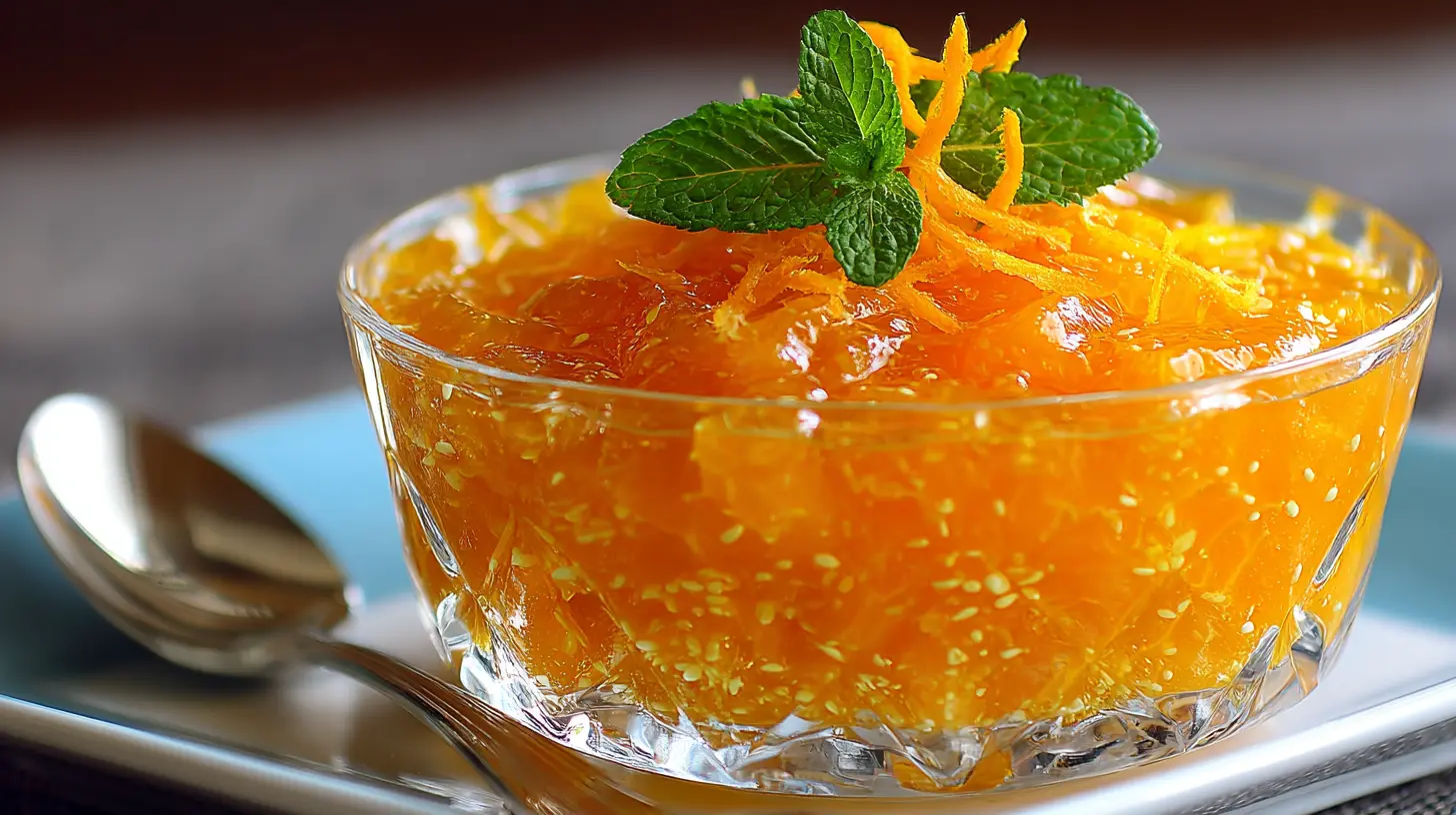 A vibrant Mandarin Orange Jello Salad in a clear glass bowl