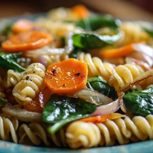 A refreshing Mandarin Pasta Spinach Salad with a light dressing