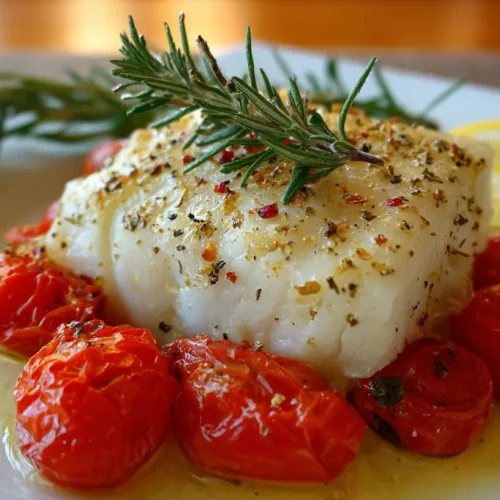 A freshly baked Mediterranean cod fillet with herbs and vegetables.