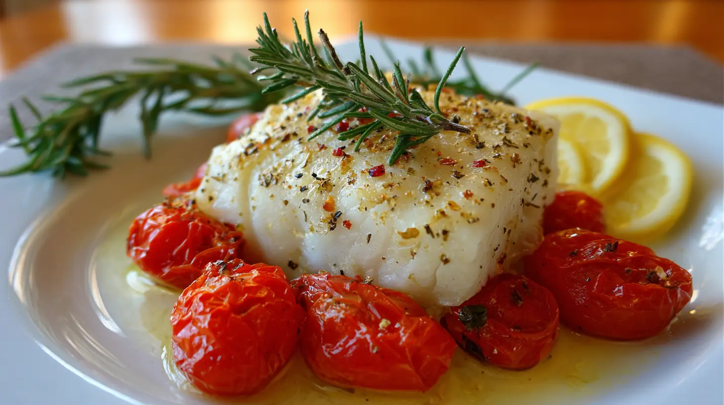 A freshly baked Mediterranean cod fillet with herbs and vegetables.