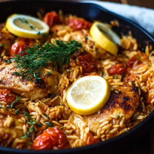 A colorful bowl of Mediterranean chicken orzo with fresh herbs and vegetables.