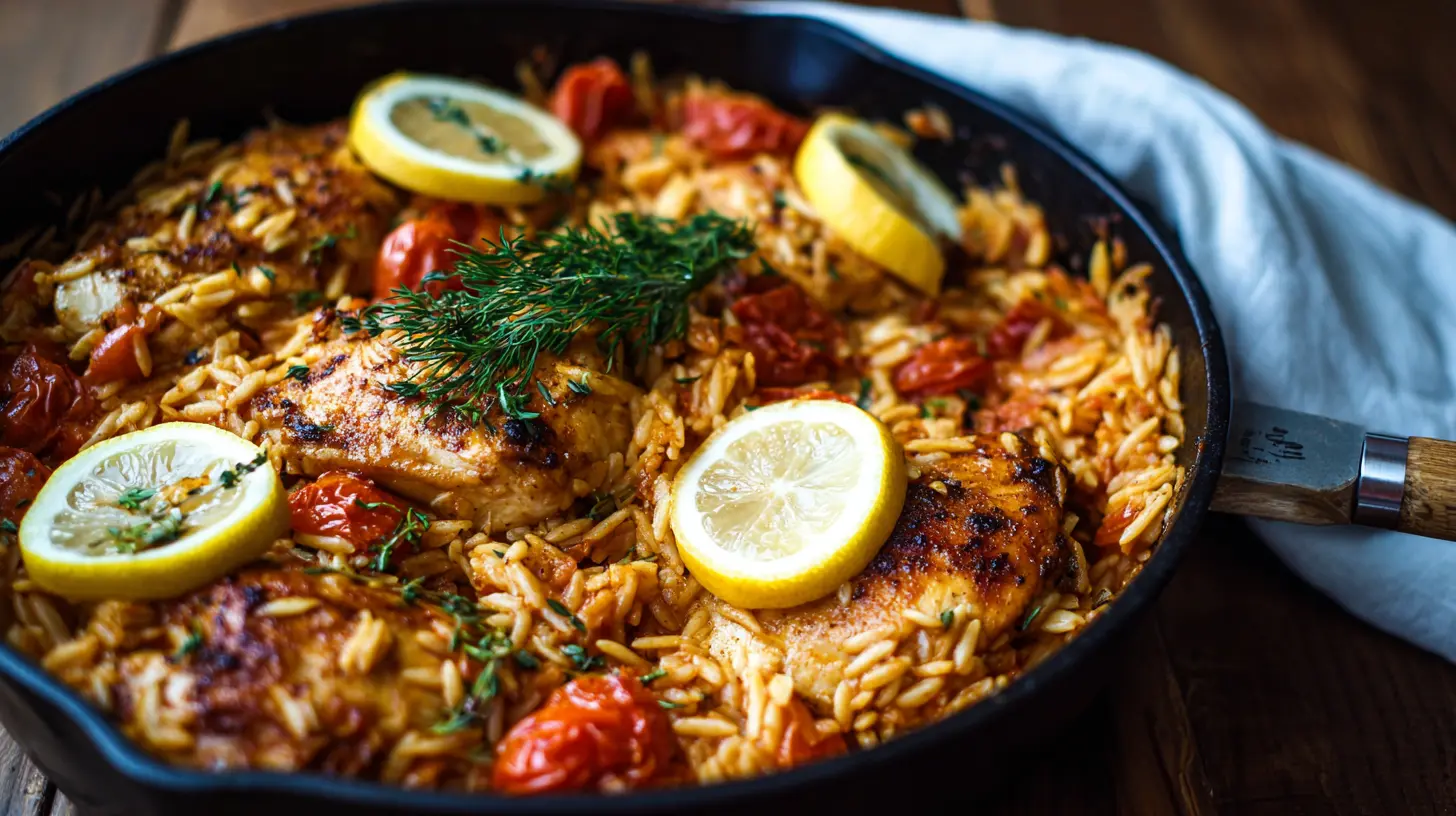 A colorful bowl of Mediterranean chicken orzo with fresh herbs and vegetables.