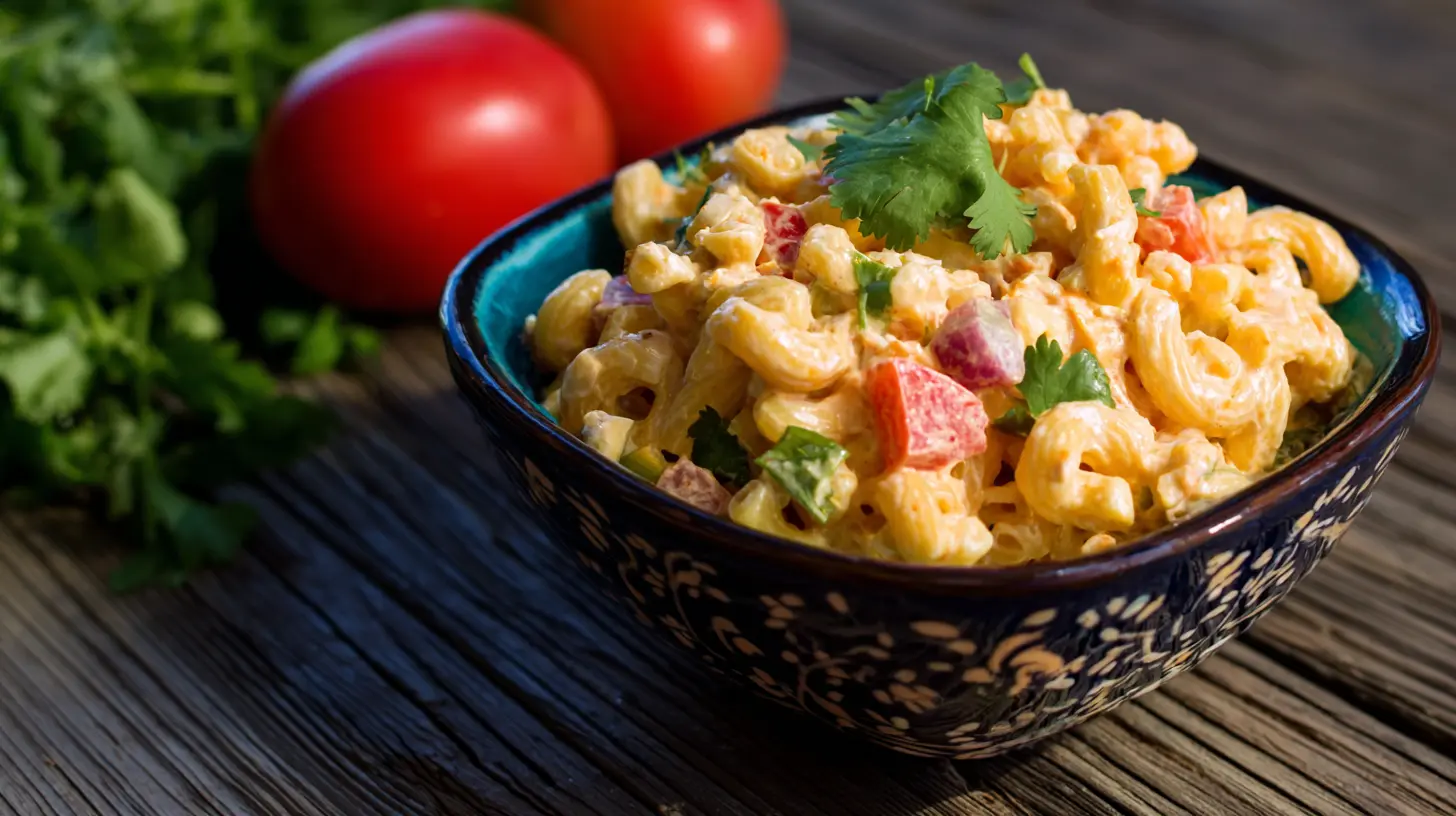 A vibrant bowl of Mexican macaroni salad, ready to serve.