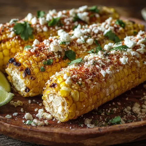 Close-up of a grilled ear of Mexican street corn with cotija cheese and chili powder.