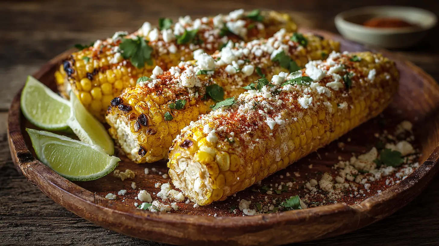 Close-up of a grilled ear of Mexican street corn with cotija cheese and chili powder.