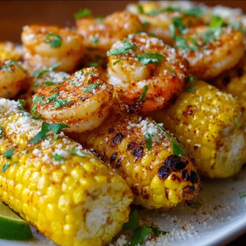 A vibrant plate of grilled Mexican street corn and shrimp, ready to be served.