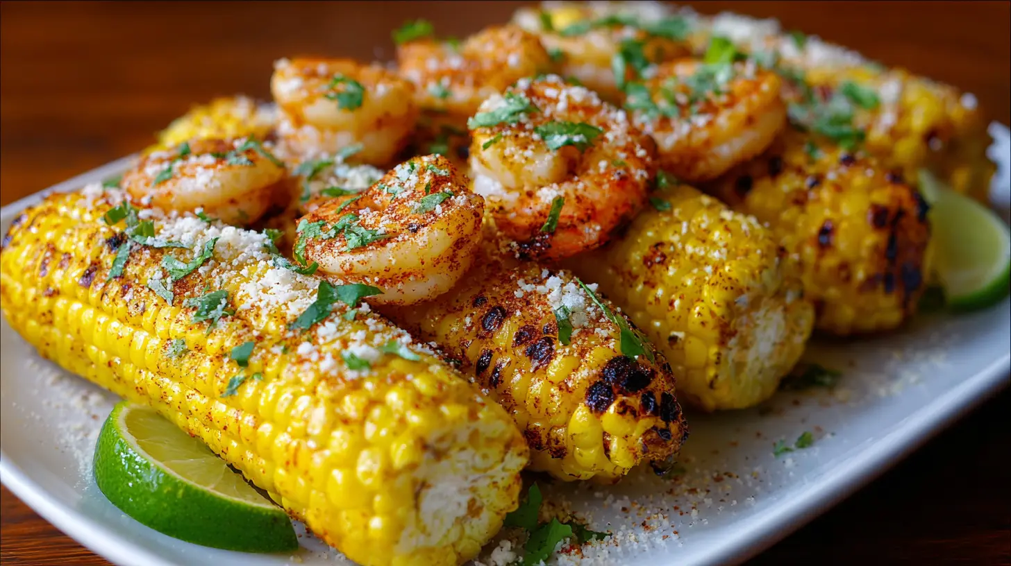 A vibrant plate of grilled Mexican street corn and shrimp, ready to be served.