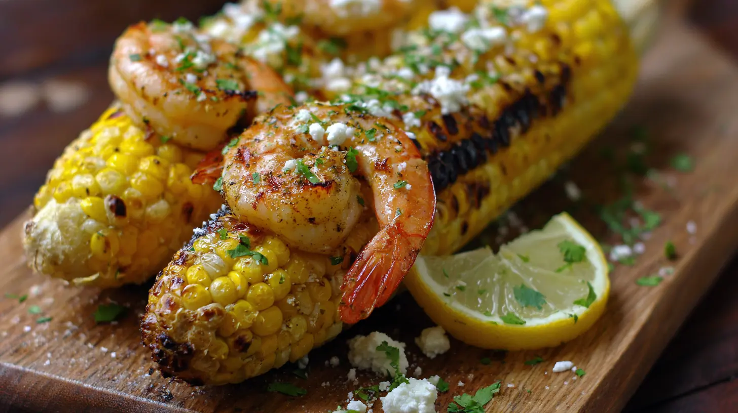 A vibrant plate of Mexican street corn and shrimp, garnished with fresh cilantro