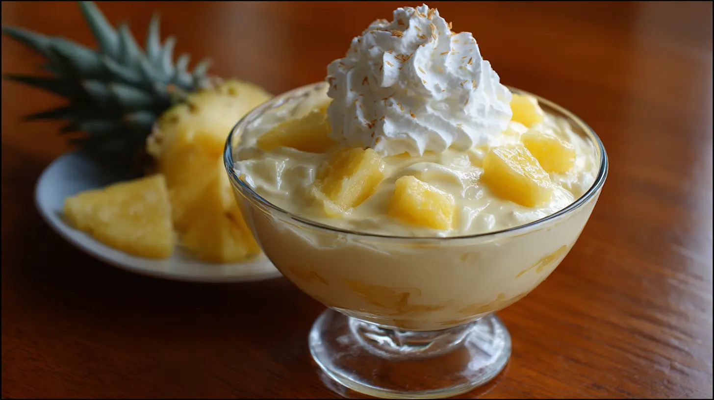 A refreshing No Bake Pineapple Cream Dessert in a clear glass dish, topped with fresh pineapple chunks.