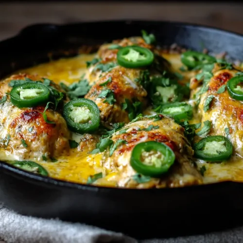 A baking dish filled with cooked one pan cheesy jalapeño chicken, melted cheese, and sliced jalapeños.