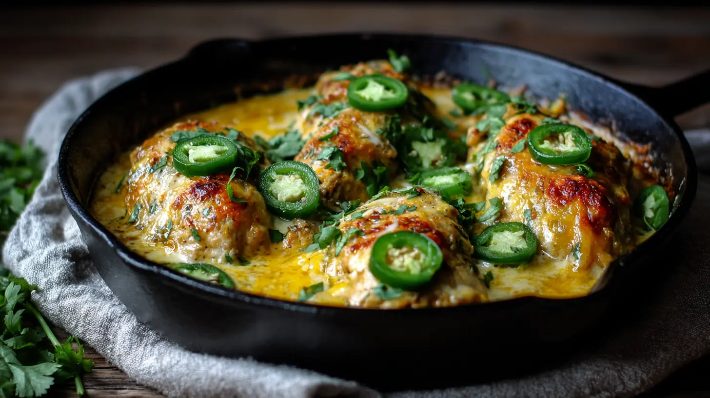 A baking dish filled with cooked one pan cheesy jalapeño chicken, melted cheese, and sliced jalapeños.