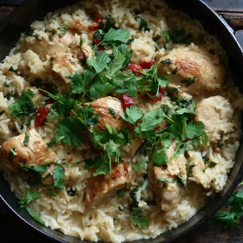 A steaming bowl of one-pot coconut chicken brothy rice