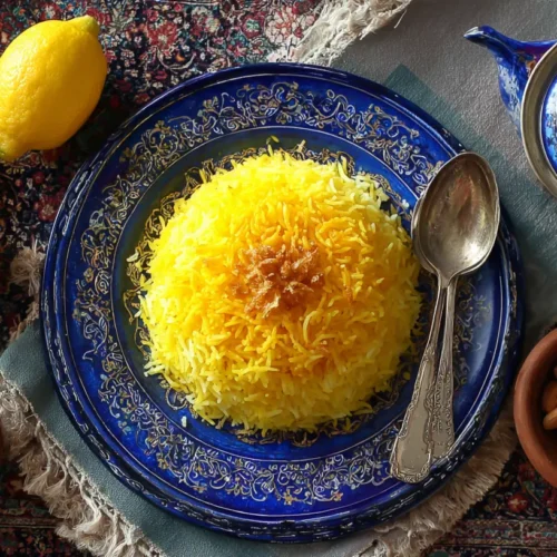 A serving of golden Persian crispy rice, known as Tahdig, on a white plate.