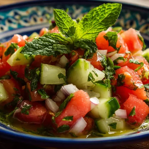 A vibrant Persian Shirazi salad with chopped cucumbers, tomatoes, and onions.