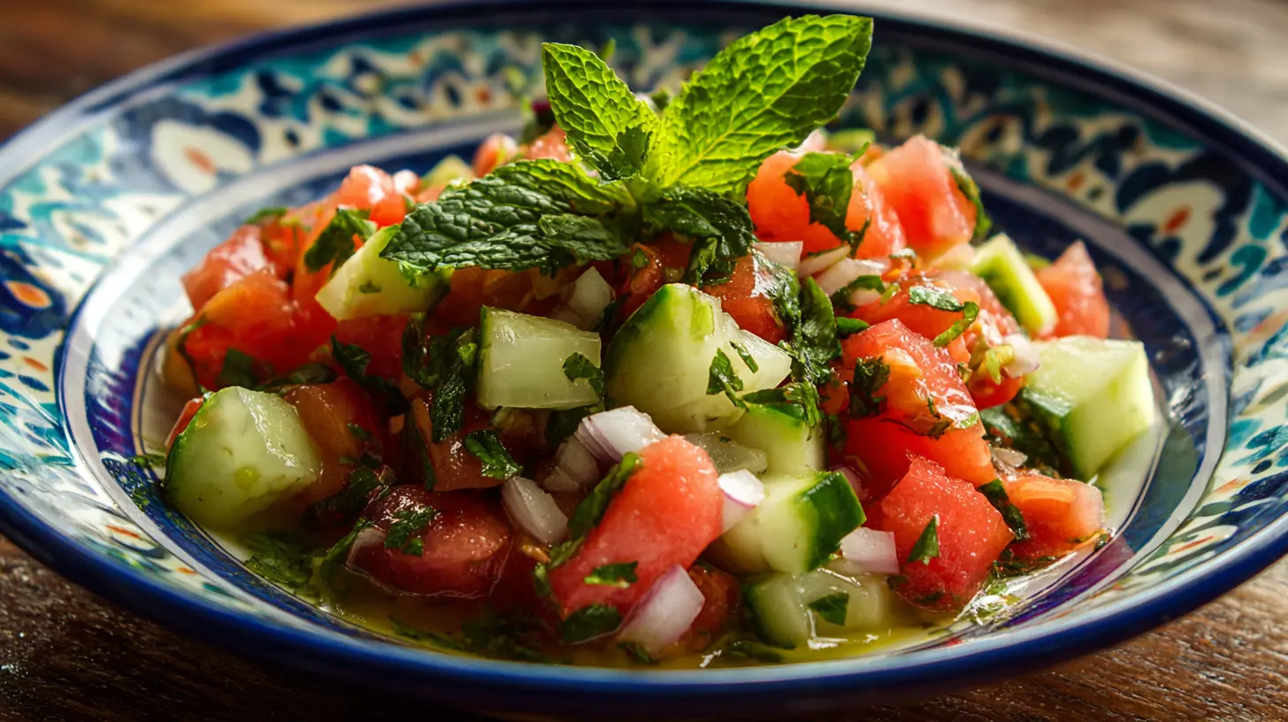 A vibrant Persian Shirazi salad with chopped cucumbers, tomatoes, and onions.