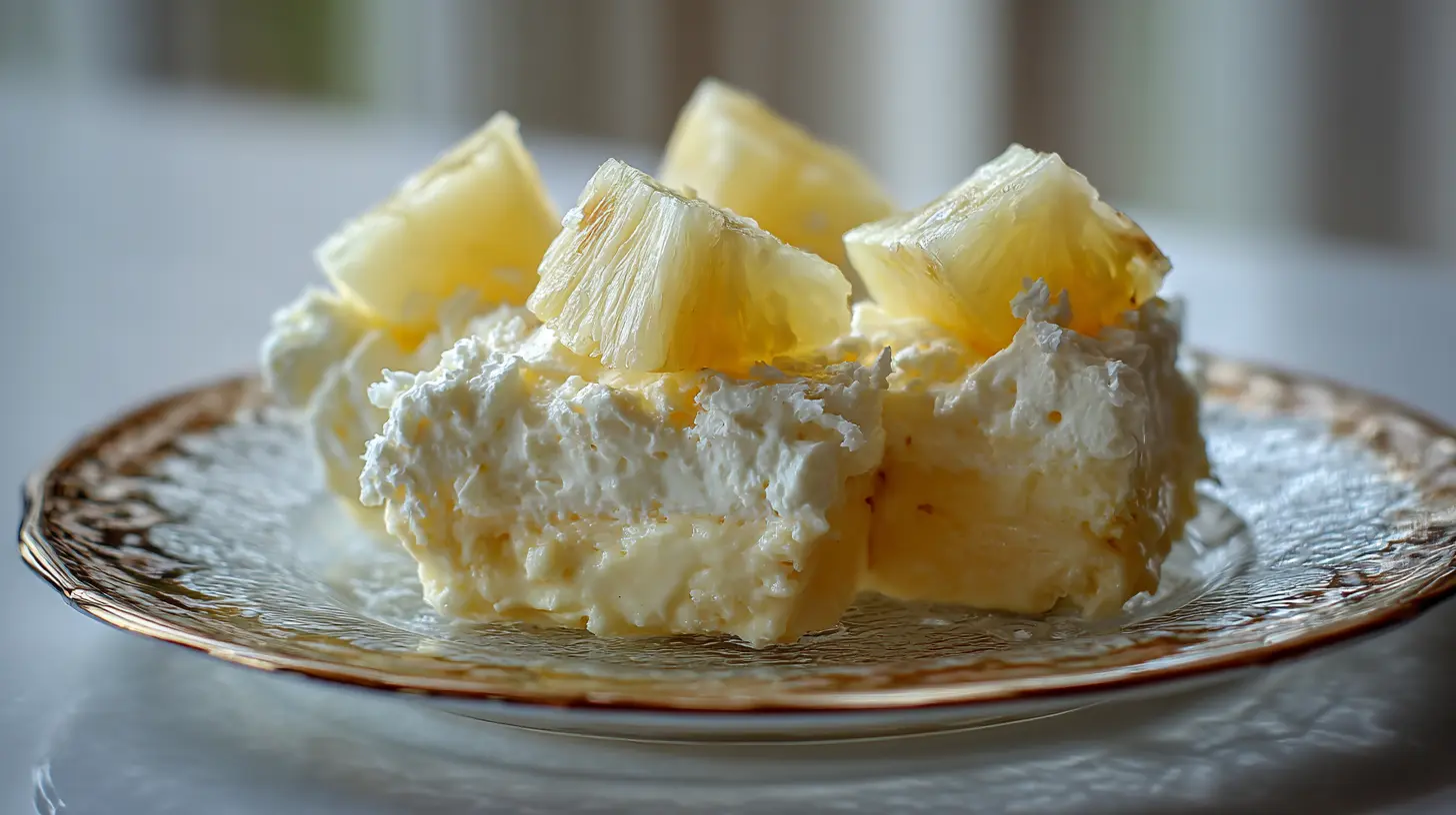 A refreshing bowl of pineapple cream dessert, garnished with fresh mint.