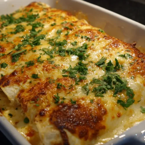A platter of golden queso chicken enchiladas, melted cheese bubbling on top.