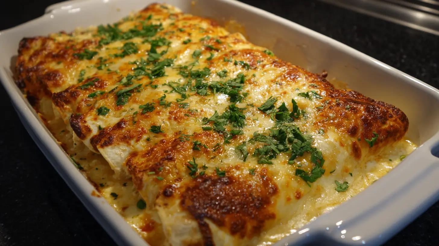 A platter of golden queso chicken enchiladas, melted cheese bubbling on top.