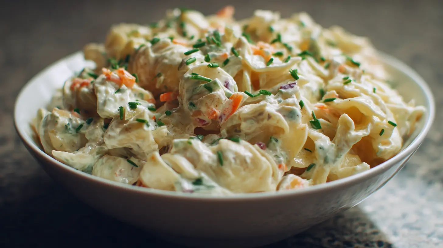 A bowl of fresh ranch pasta salad with colorful vegetables