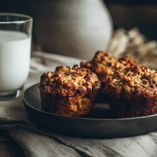 Warm rhubarb muffins with a swirl of Greek yogurt on top.
