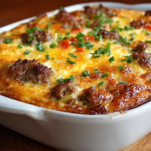 A freshly baked sausage and egg casserole with melted cheese and herbs.