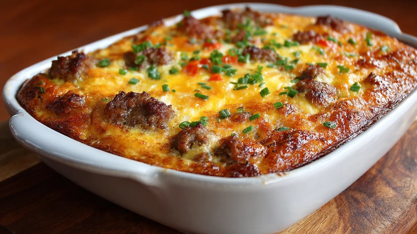 A freshly baked sausage and egg casserole with melted cheese and herbs.