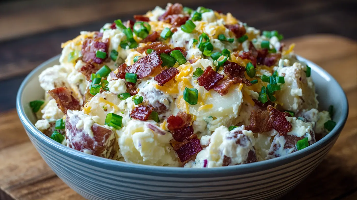 A bowl of loaded baked potato salad, rich with cheese and bacon bits.