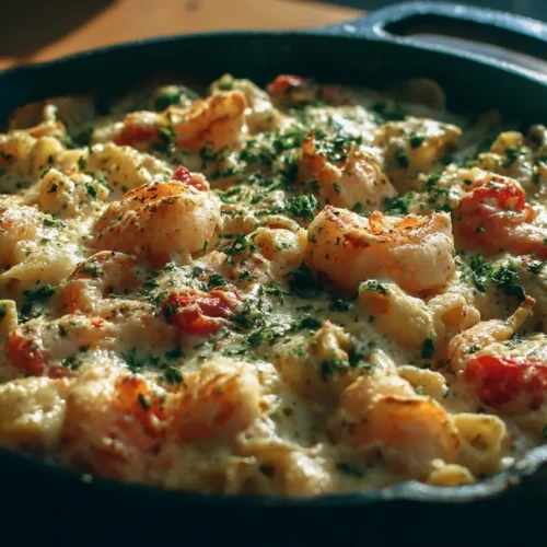 A bubbling skillet of shrimp scampi pasta bake, fresh out of the oven