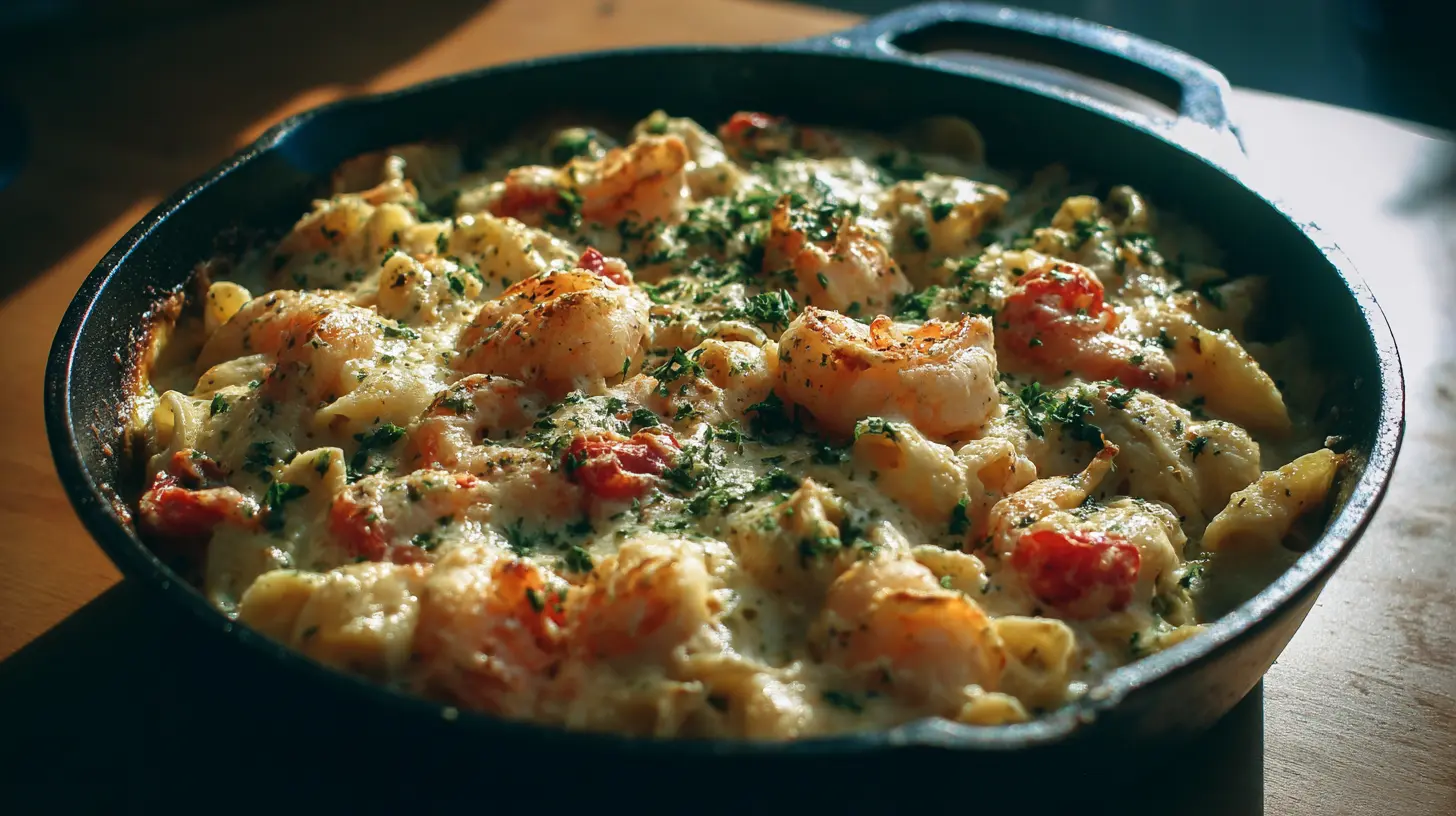 A bubbling skillet of shrimp scampi pasta bake, fresh out of the oven