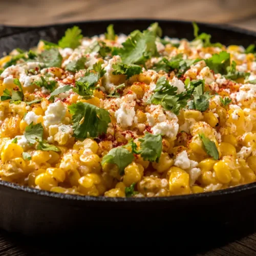 Close-up of Skillet Mexican Street Corn, richly seasoned
