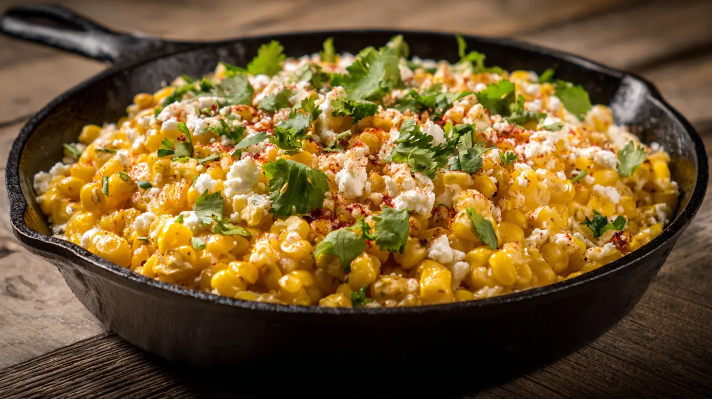 Close-up of Skillet Mexican Street Corn, richly seasoned