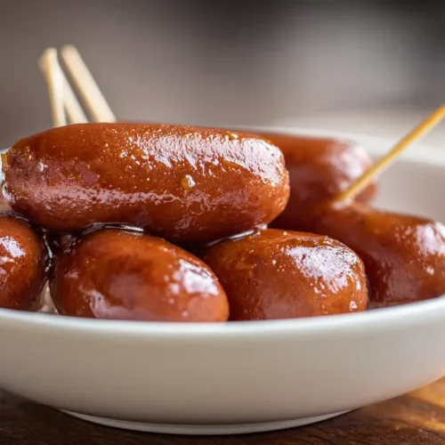 A close-up of Slow Cooker Mississippi Mini Sausages in a rich, savory sauce, ready to be served.