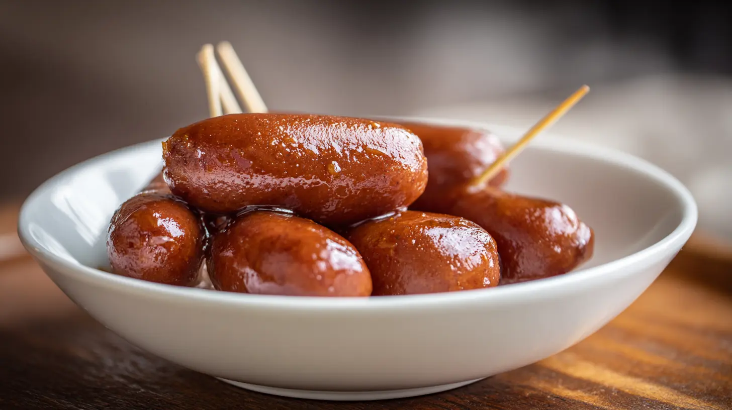 A close-up of Slow Cooker Mississippi Mini Sausages in a rich, savory sauce, ready to be served.