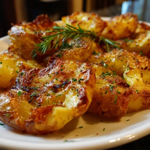 A close-up of crispy smashed potatoes, golden brown and garnished with herbs.