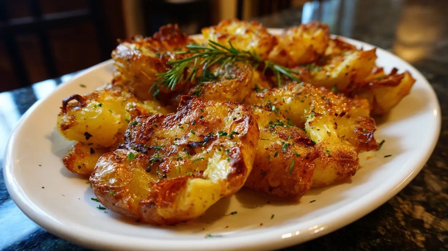 A close-up of crispy smashed potatoes, golden brown and garnished with herbs.