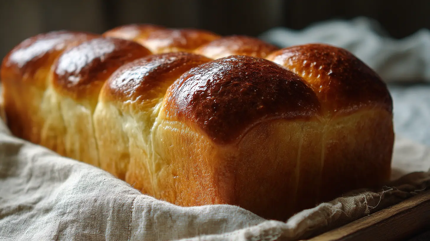 A freshly baked milk brioche, golden-brown and soft on a cooling rack.