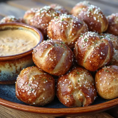 A close-up of a pile of freshly baked soft pretzel bites, ready to be served.