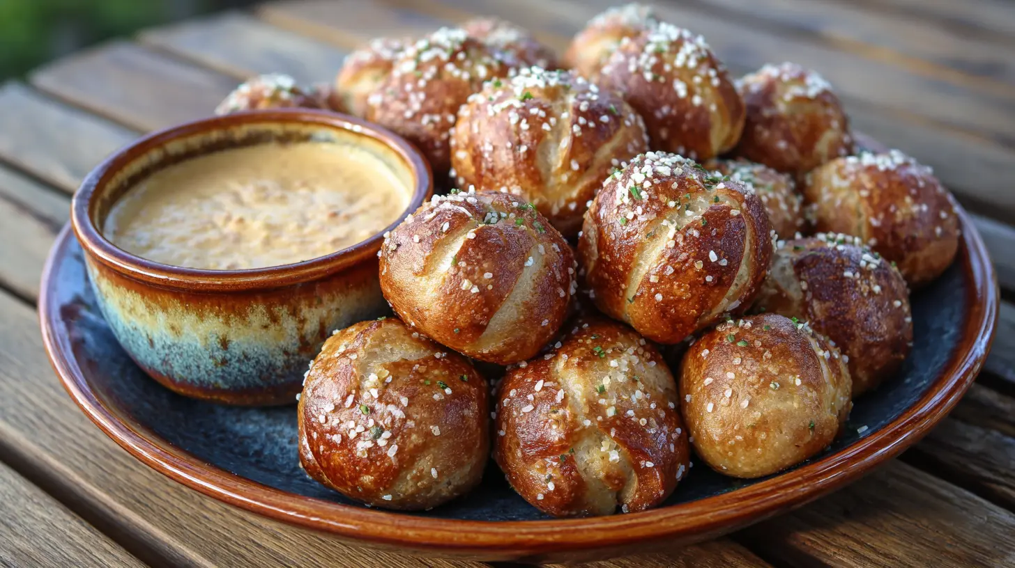 A close-up of a pile of freshly baked soft pretzel bites, ready to be served.