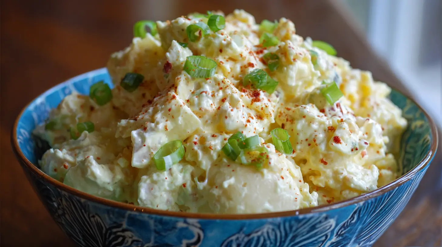 A bowl of creamy Southern Potato Salad with finely chopped celery and herbs