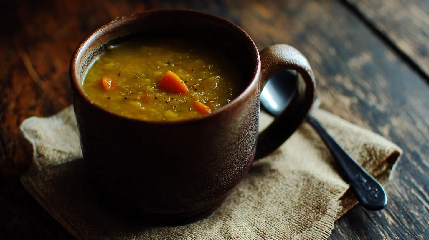 A steaming bowl of vibrant green split pea soup with croutons.