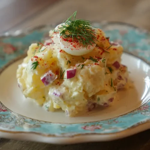 A bowl of creamy steakhouse potato salad, ready to be served.